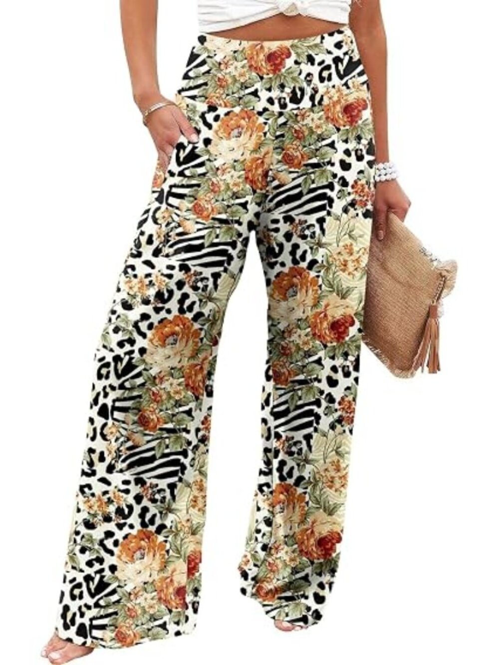 "Leo/Floral" NEW Stretchy Wide Leg Lounge Palazzo Pants w/Slant Pockets 3XL